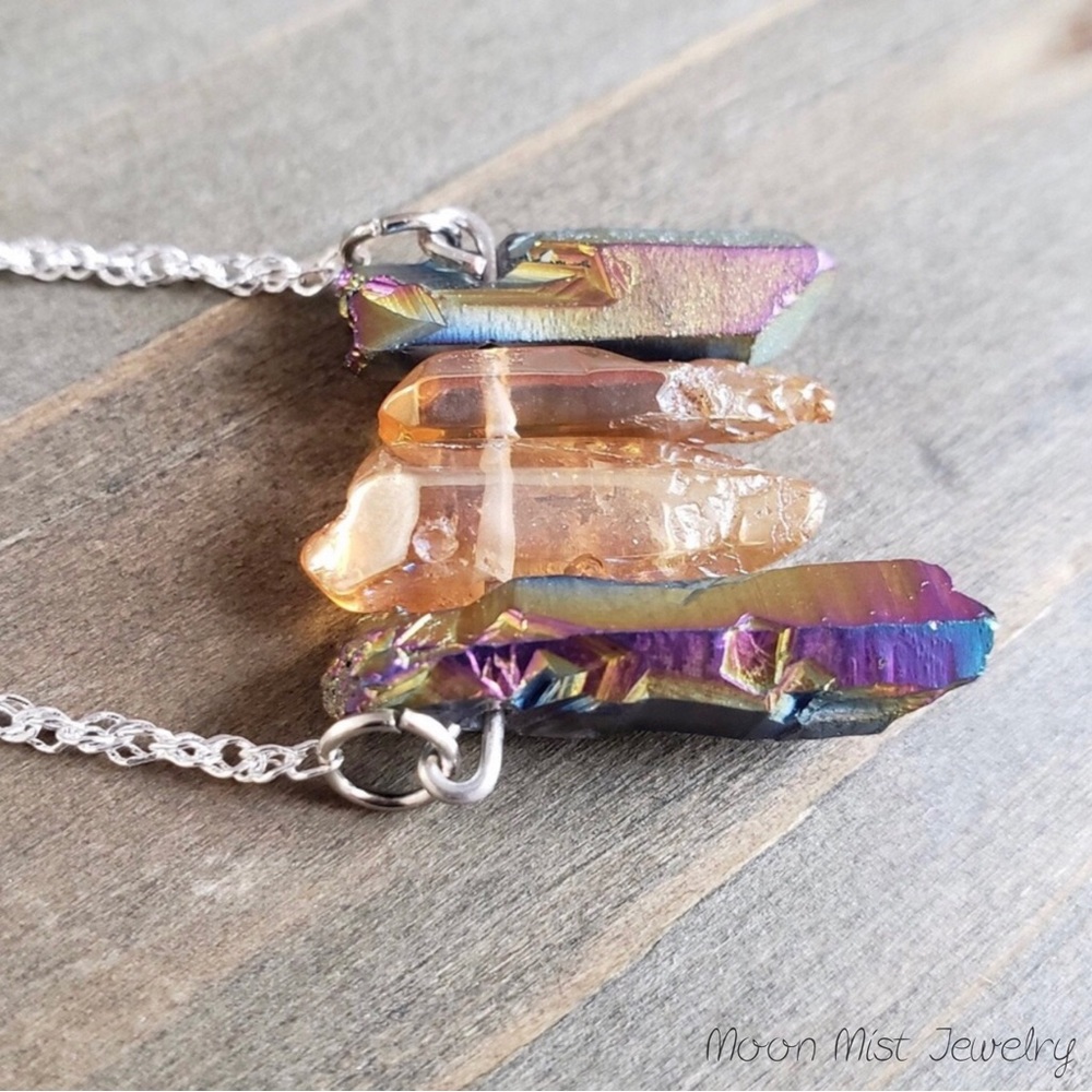Titanium and peach quartz crystal necklace
